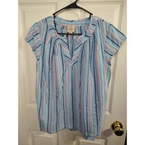 St Johns Bay Woman PXL Pullover Blouse V Neck Striped Blue Cap Sleeve Top